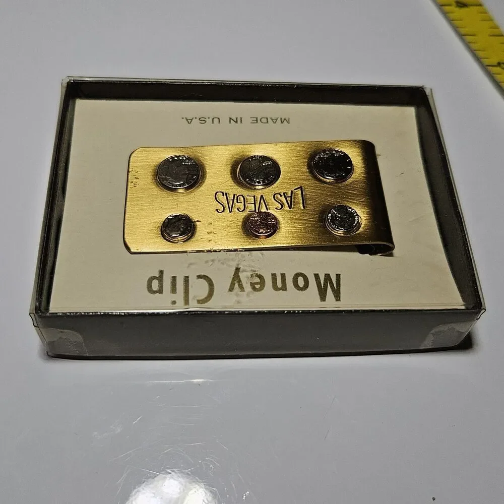 Vintage Gold Tone Las Vegas Mini Coin Money Clip IOB